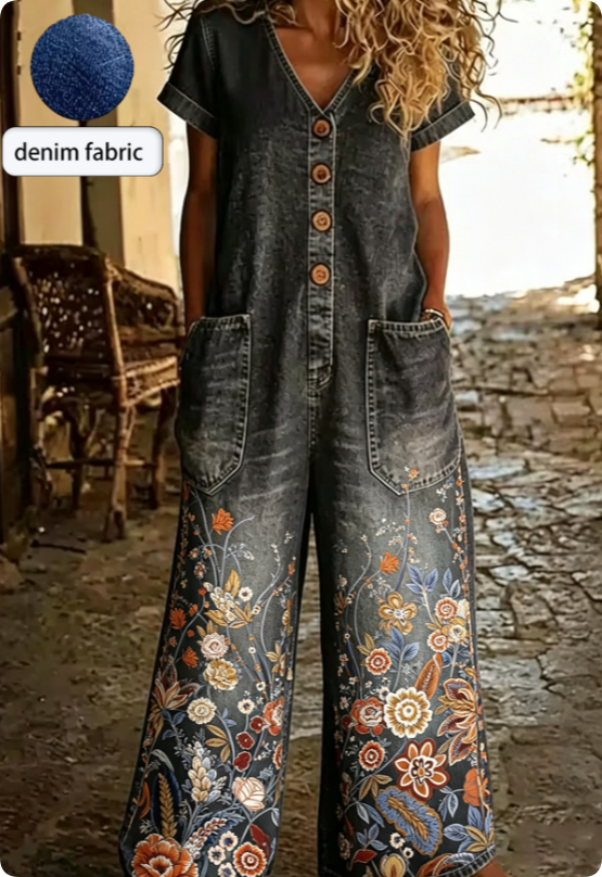Buttoned Pockets Comfortable Short Sleeves Casual One-piece Wide-leg Jumpsuit