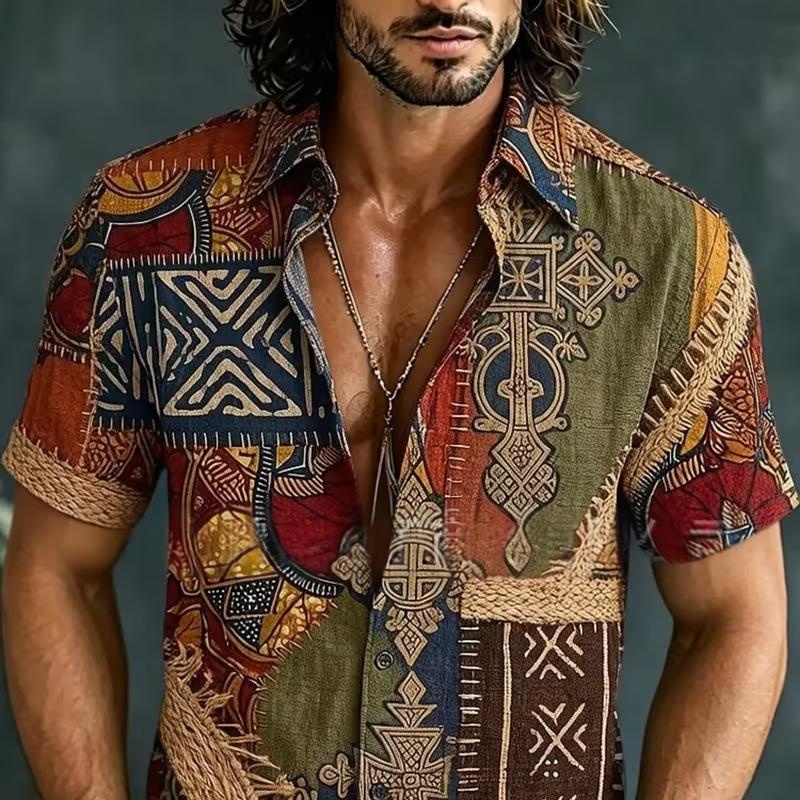 Retro Men's Color-block Short-sleeve Shirt