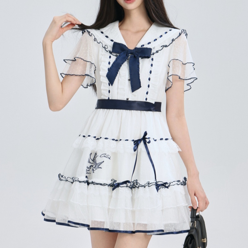 Navy Blue Lead-bird Embroidered Dress With Contrasting Ribbon Trim — image 1