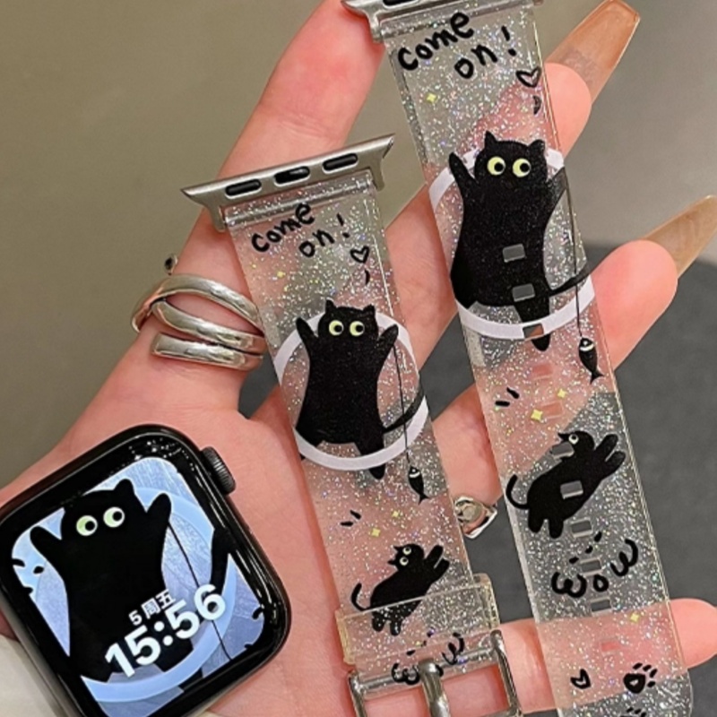 Glittery Black Kitten Cute New Transparent Silicone Watch Strap Black Kitten Fishing 42mm