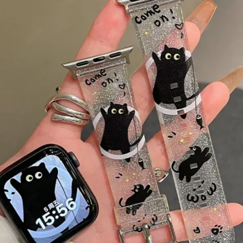 Glittery Black Kitten Cute New Transparent Silicone Watch Strap