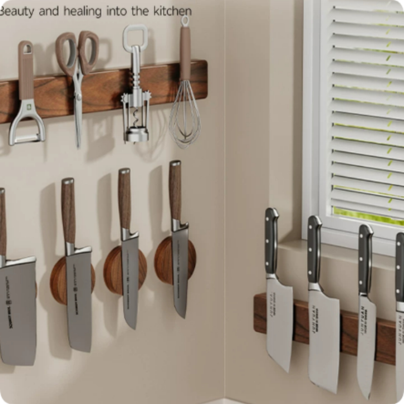 Walnut Wood Magnetic Iron Knife Rack Organizer