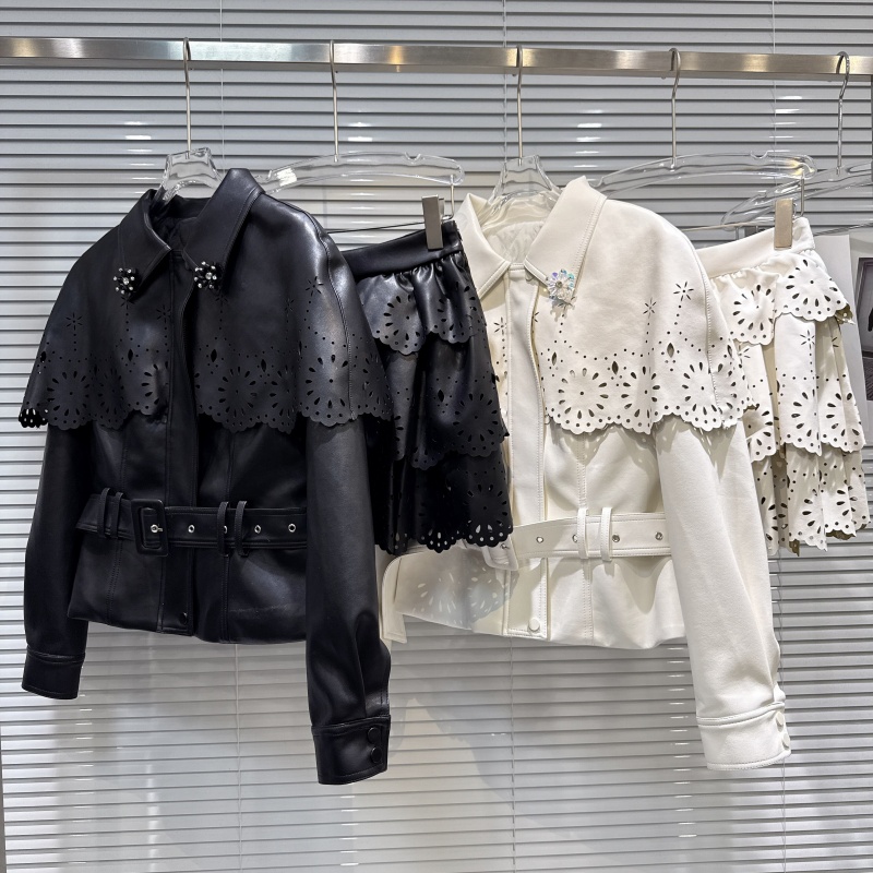 New French-style Elegant Socialite Hollow-out Shawl Leather Jacket And Tiered Skirt Set