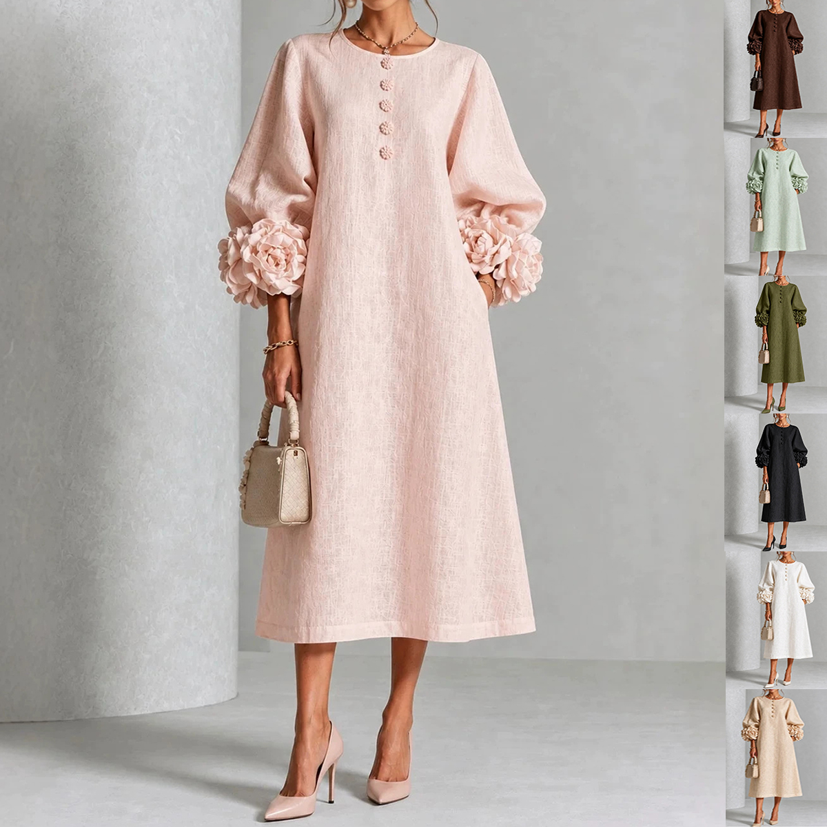 Three-dimensional Floral Dress With Puff Sleeves French-style A-line Party Wedding Dresses Women's Clothing