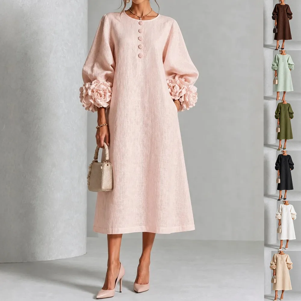 Three-dimensional Floral Dress With Puff Sleeves French-style A-line Party Wedding Dresses Women's Clothing