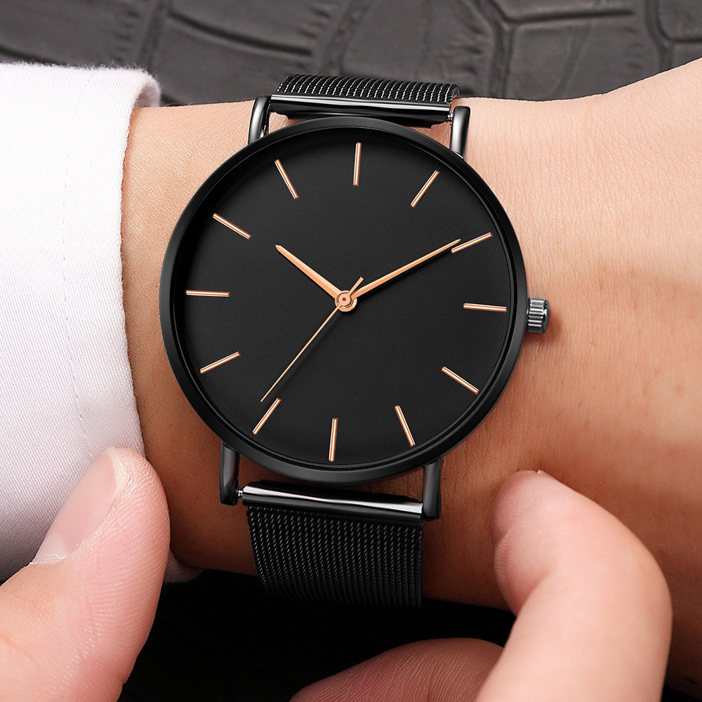 Men's Watch Simple And Stylish Mesh Strap Style Black Shell And Black Needle