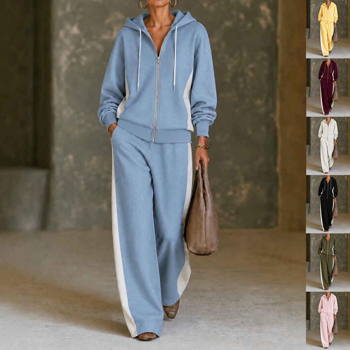 Hoodie Suits Women's Color Block Long-sleeved Sweatshirt And Wide Leg Pants Two Piece Set Casual Loose Fit Tracksuit Clothing