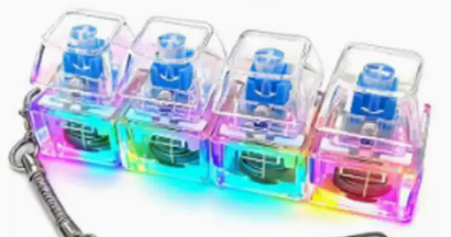 4Keys Mechanical Keyboard Electronic Luminous Transparent Crystal Height Pressure Reduction Finger Button Anti Stress Keycap Toy Schoolbag Pendant Keychain Deco