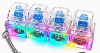 4Keys Mechanical Keyboard Electronic Luminous Transparent Crystal Height Pressure Reduction Finger Button Anti Stress Keycap Toy Schoolbag Pendant Keychain Deco