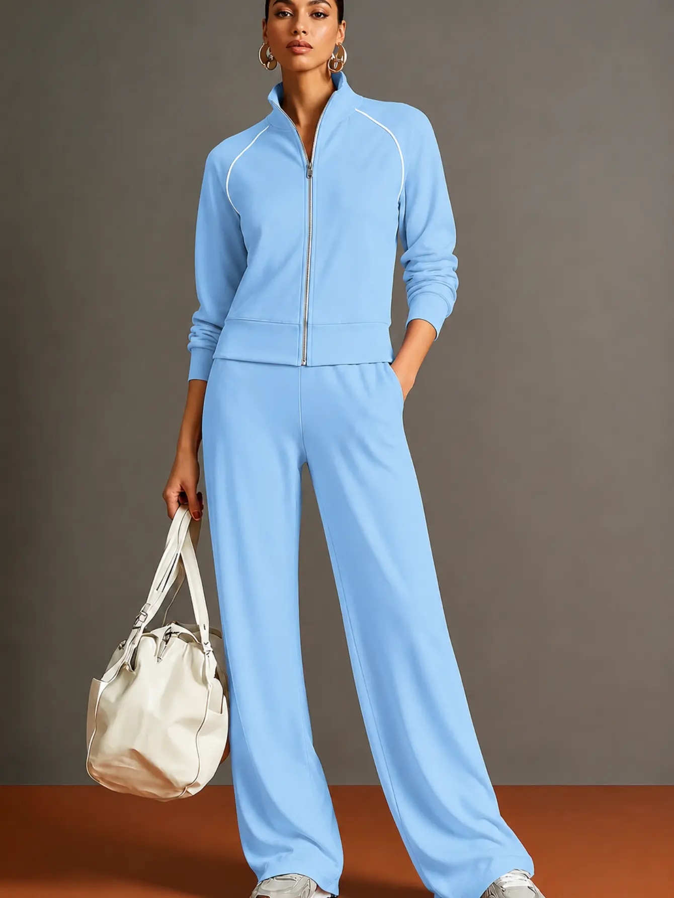 Front view of women's casual matching two-piece outfit