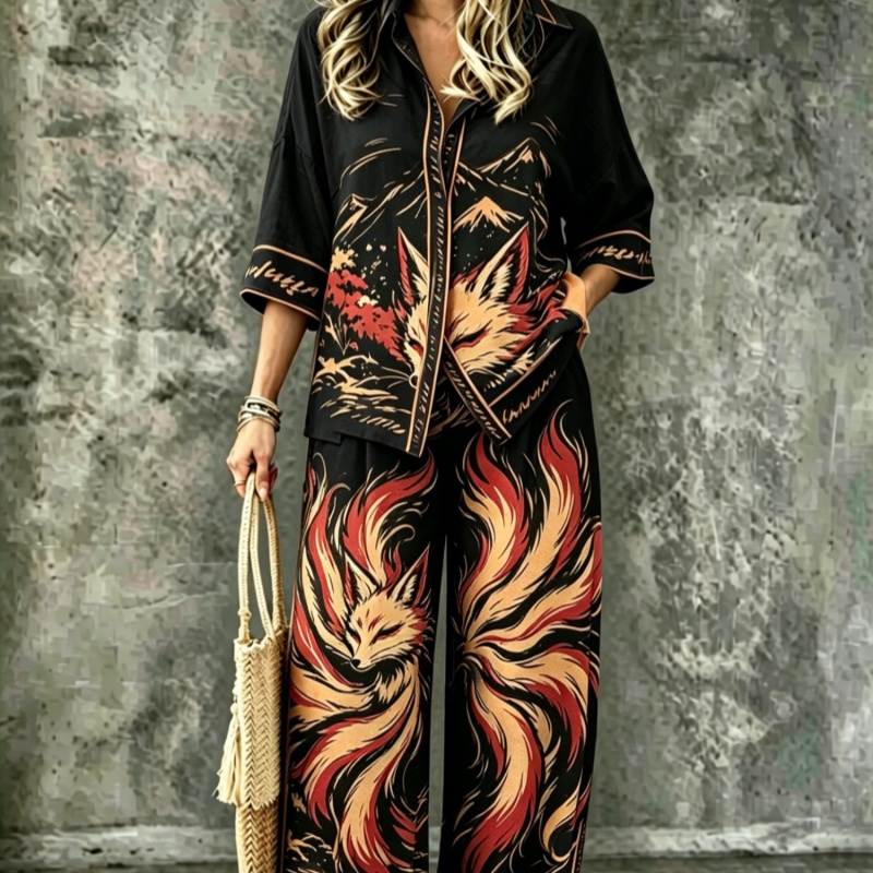 Womens Digital-Print SpringSummer Shirt Set