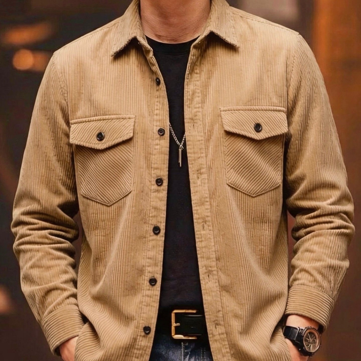Men's Plus-Size Casual Corduroy Long-Sleeve Lapel Shirt In Multiple Colors