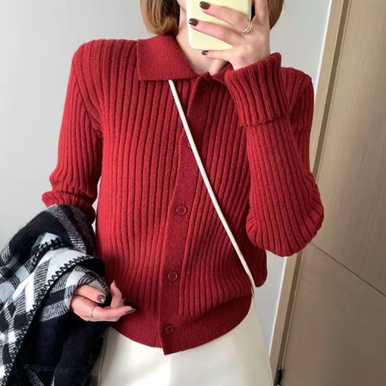 Red Stylish Outerwear With A Lapel Women's Knit Cardigan Top