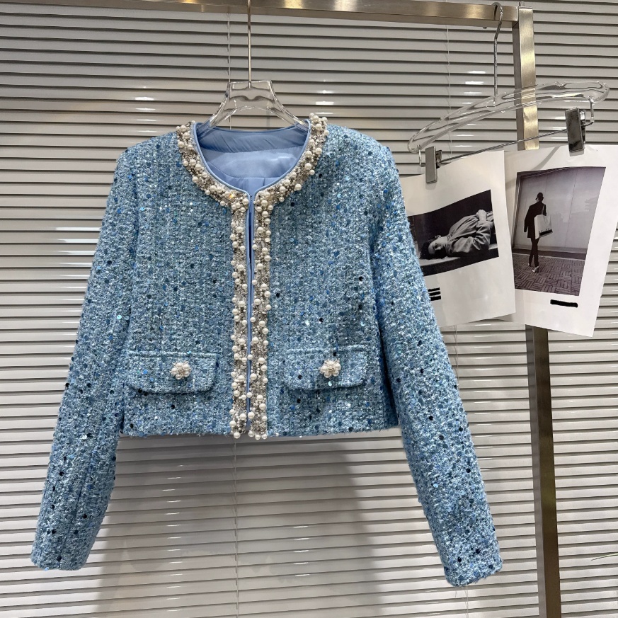 Beaded 3D Flower Embroidery Sequin Wool Short Coat Top — image 1