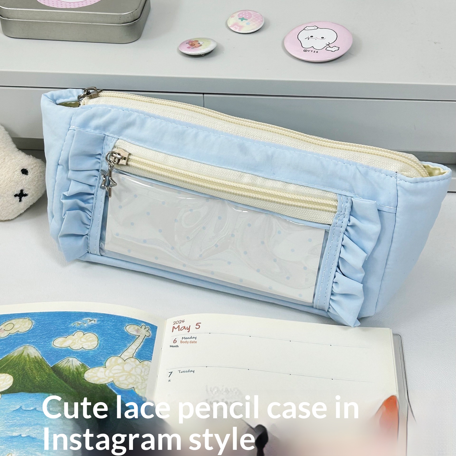 White Star-patterned Pencil Case Instagram-style Minimalist Multi-layer Stationery Organizer Bag