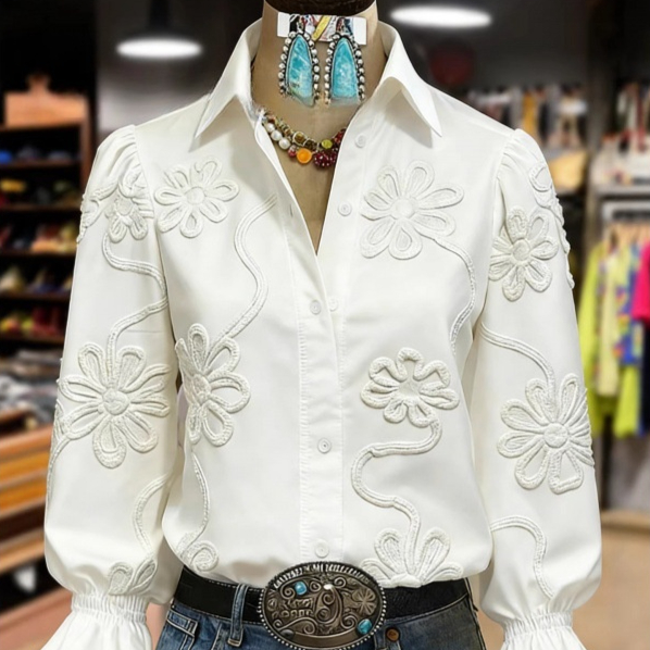 Women's Lace-trimmed Long-sleeve Collared Blouse