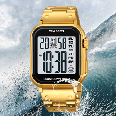 Mens Fashionable Steel-band Watch With Alarm Dual Time Waterproof And A Square Digital Display
