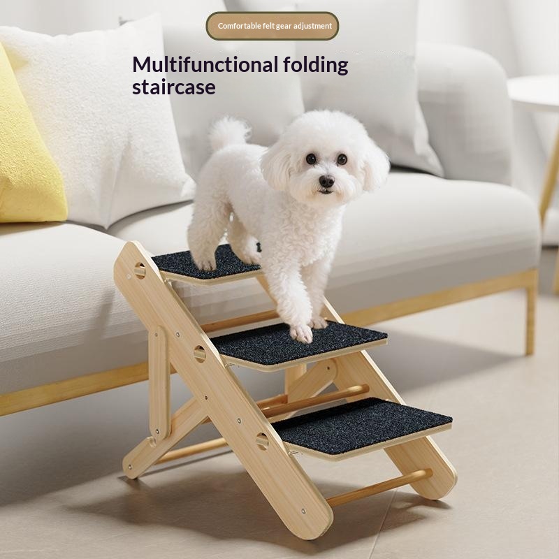 Solid Wood Dog Stairs Pet Climbing Steps Adjustable And Foldable Felt Folding Ladder 1pcs