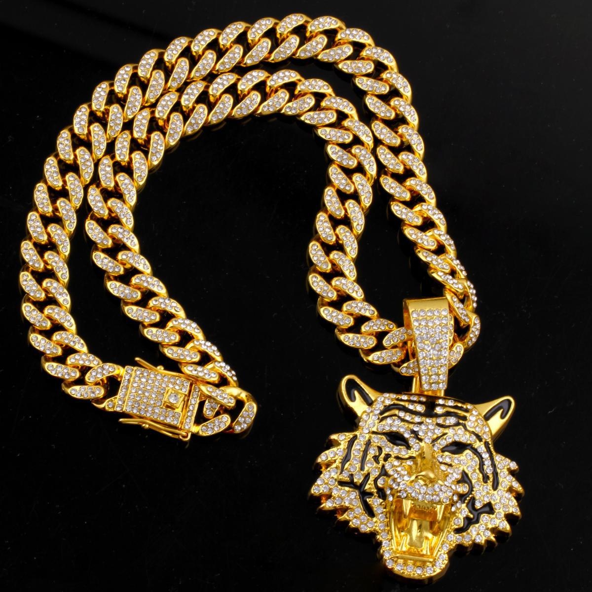 European And American-style Fully Diamond-studded Alloy Cuban Chain Necklace Gold Submachine Gun