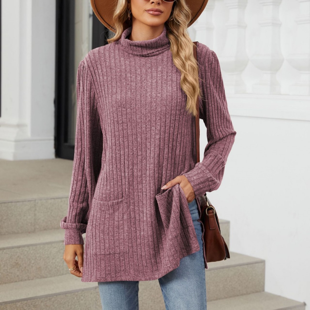 Half-high-neck Long-sleeved Loose-fitting T-shirt With Slits And Pockets