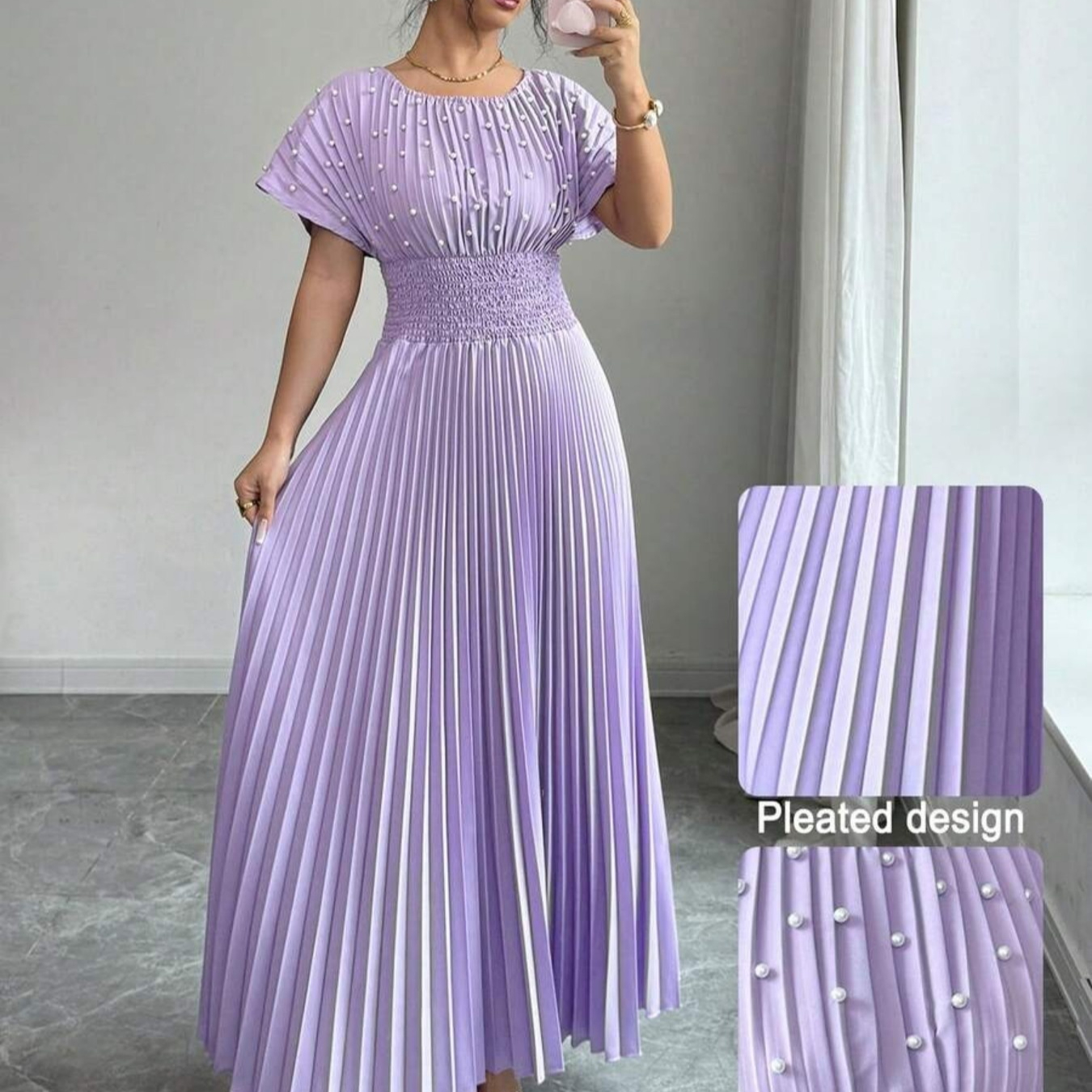 Women's Round-neck Pleated Dress With Pearl Detailing