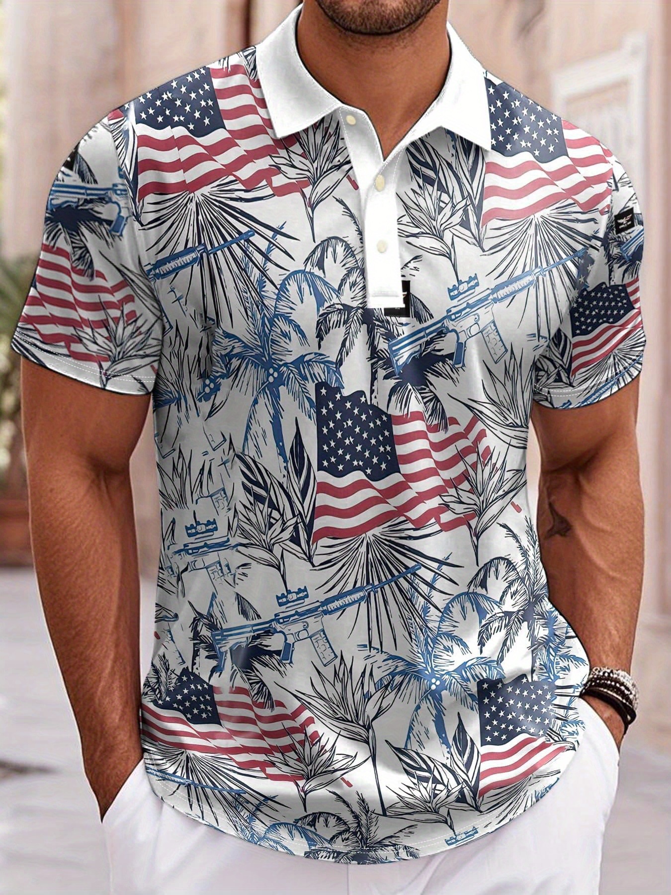 Mens Printed Short-Sleeve Lapel Shirt Top