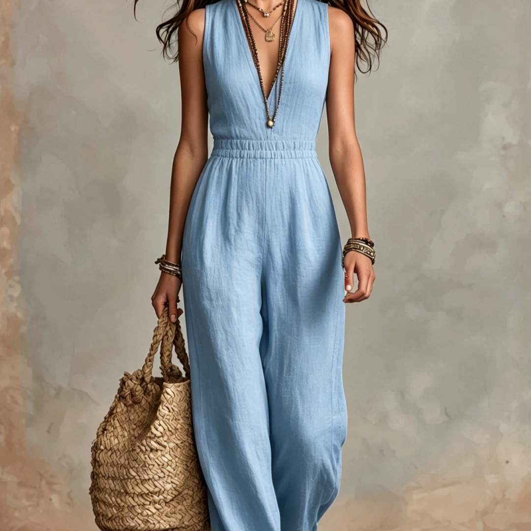 Women's Solid-Color Halter Neck V-Neck Slim-Fit Jumpsuit