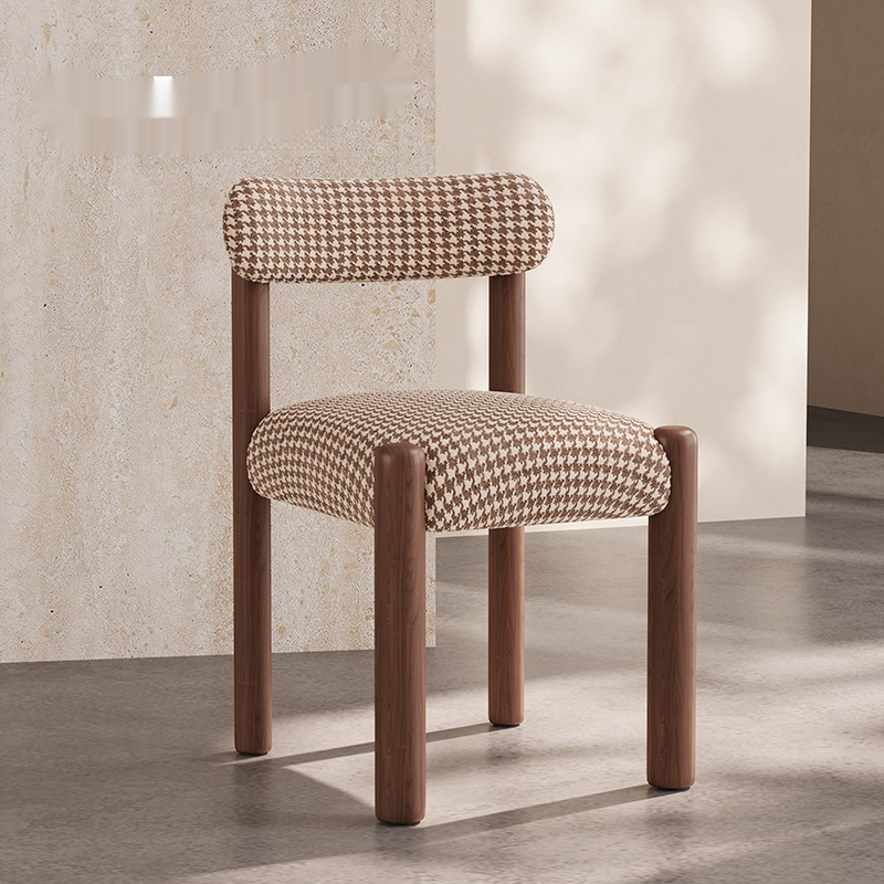Retro Houndstooth Fabric Dining Chair In Mid-Century Style For Home Use Reddish Brown