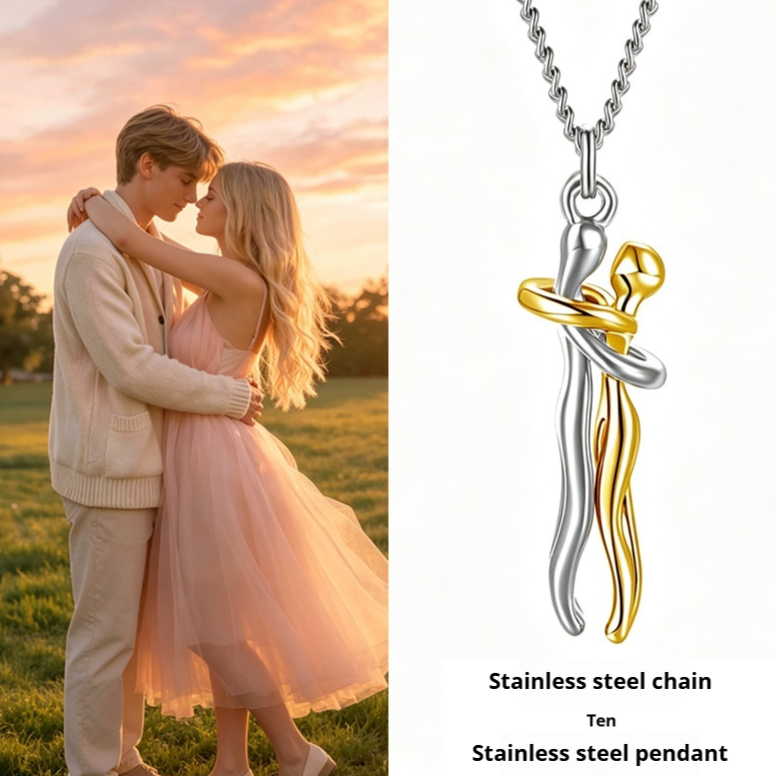 Creative Couple Hug Stainless Steel Necklace For Women Silver