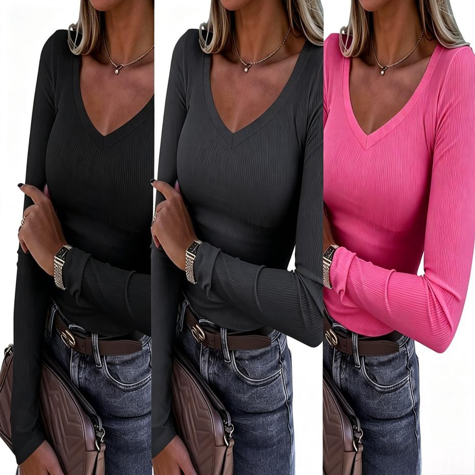 Threaded Pit-striped Slim-fit Long-sleeve Sexy V-neck