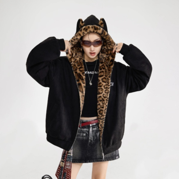 Leopard-print Cat-ear Hooded Cotton-padded Coat For Women