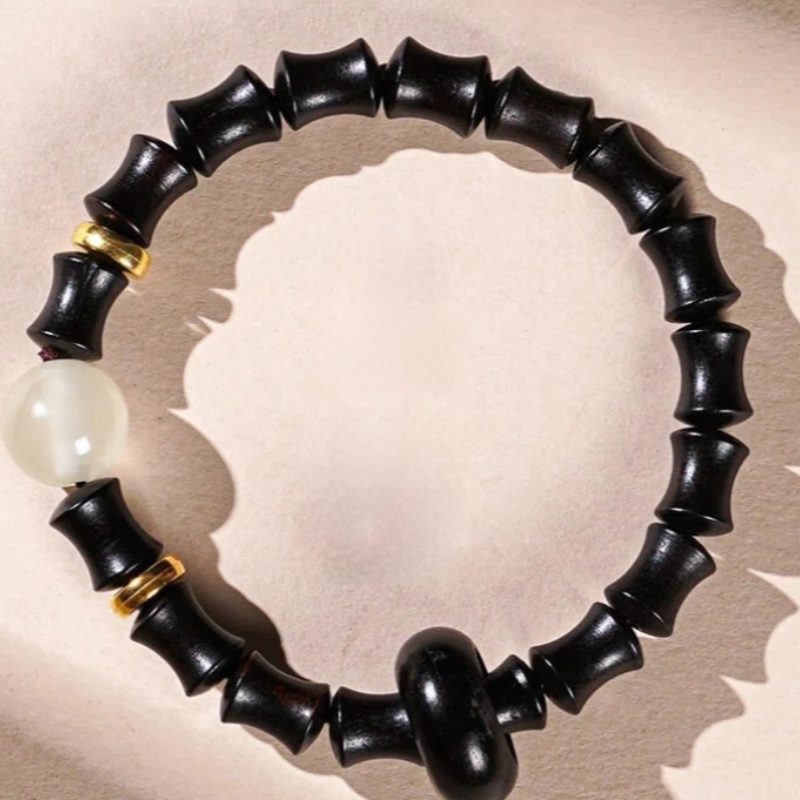 Green Sandalwood Glow-in-the-Dark Bracelet - Rosewood Bamboo Section Knot Decorated Buddhist Prayer Beads for Meditation