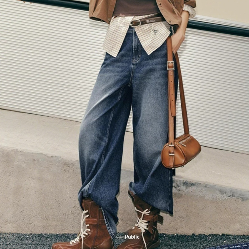 Women's American-style Vintage High-waisted Wide-leg Denim Pants
