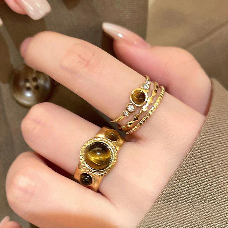 Womens Retro Double-Layer Ring With Tigers Eye Stone In The Maillard Style