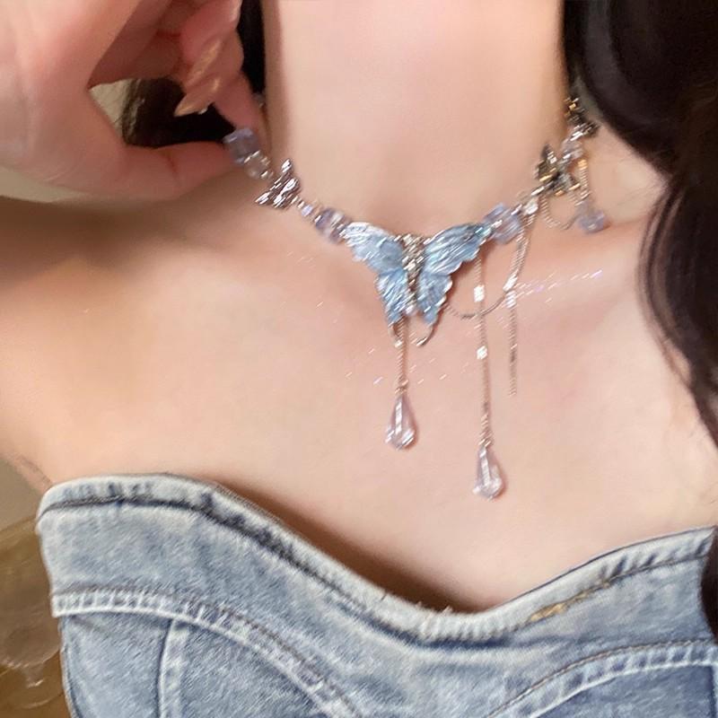 Heavy-duty Blue Crystal Butterfly Necklace