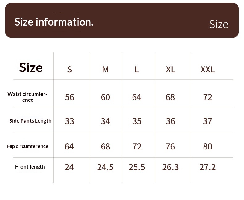 Size chart for high-waisted workout shorts