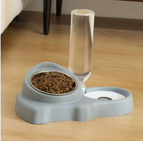 Cat Ceramic Double Automatic Water Fountain And Feeding Bowl Stainless steel bowl Gray