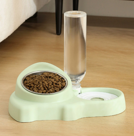 Cat Ceramic Double Automatic Water Fountain And Feeding Bowl Stainless steel bowl Green