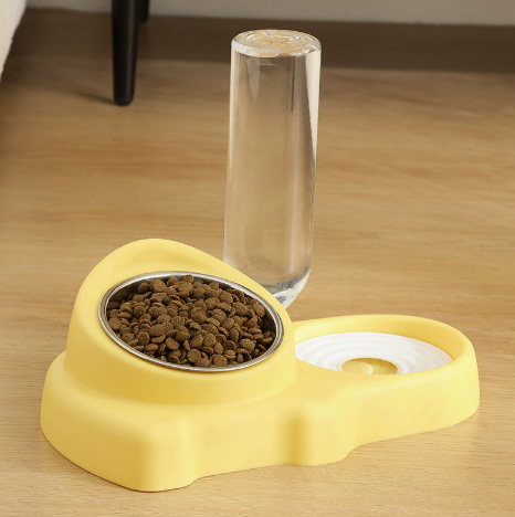 Cat Ceramic Double Automatic Water Fountain And Feeding Bowl Stainless steel bowl Yellow
