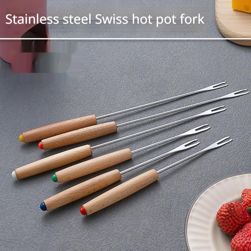 Stainless Steel Cheese Fondue Fork With Wooden Handle And Colored Lid