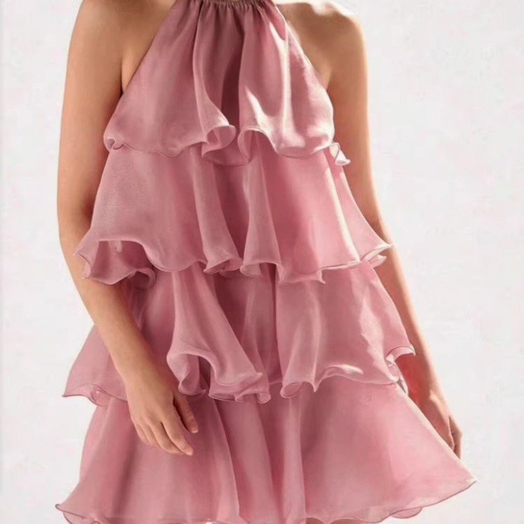 Ruffled Halter-neck Sleeveless Loose-fit Strap Mini Dress