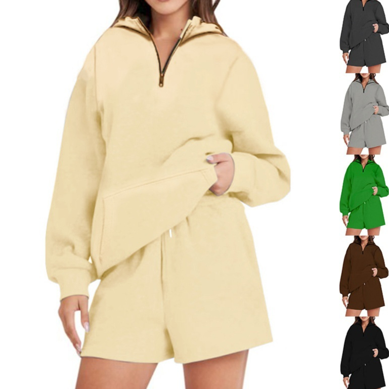 Women's Solid-color Hooded Sweatshirt And Shorts Set