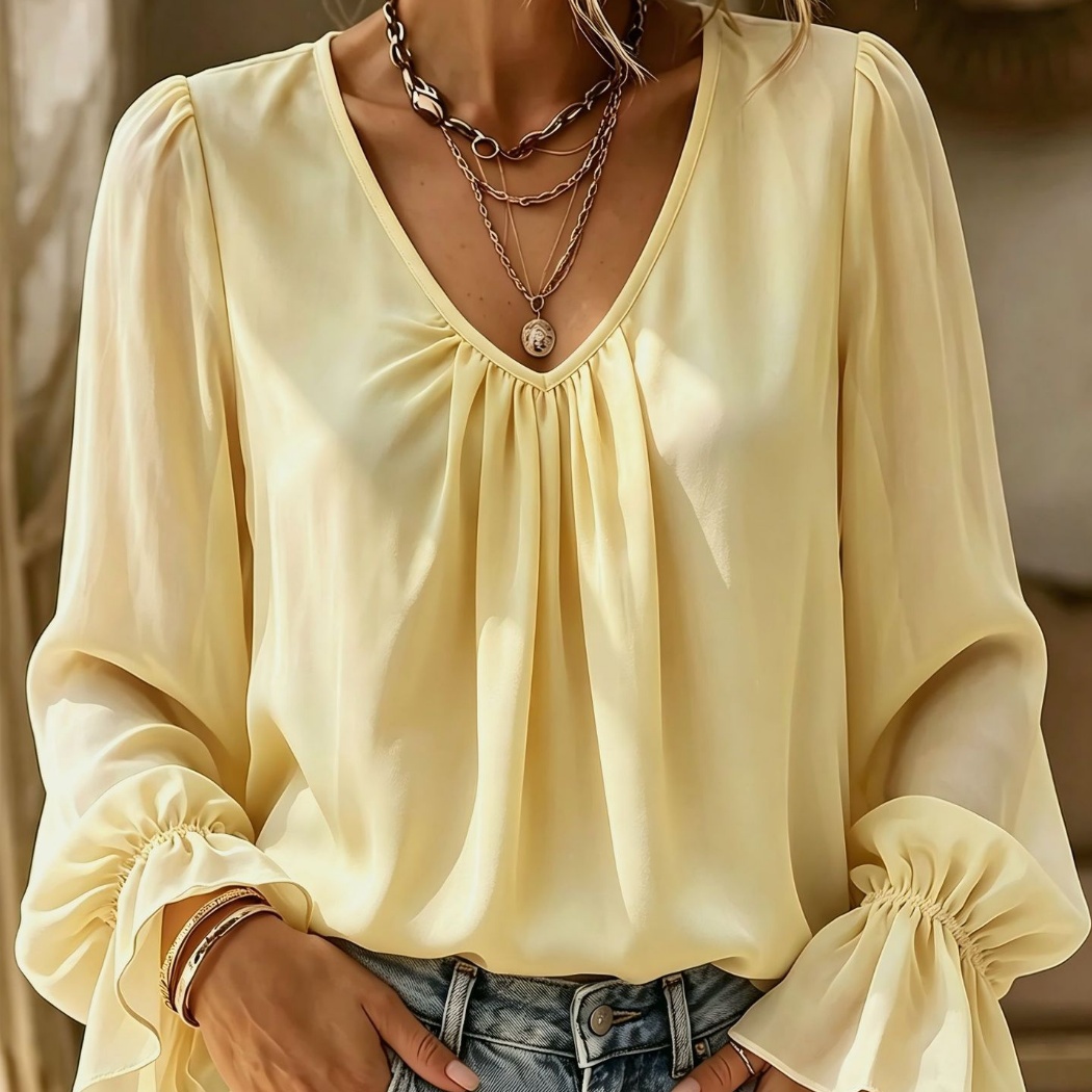 V-neck Pleated Loose-fit Solid-color Long-sleeve Blouse For Women
