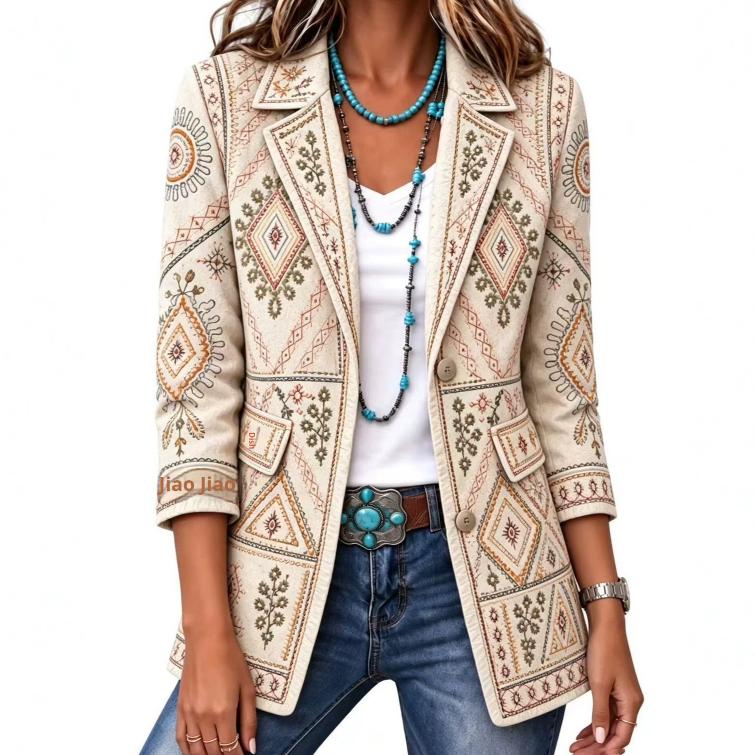 Women's Retro Printed Lapel Casual Jacket