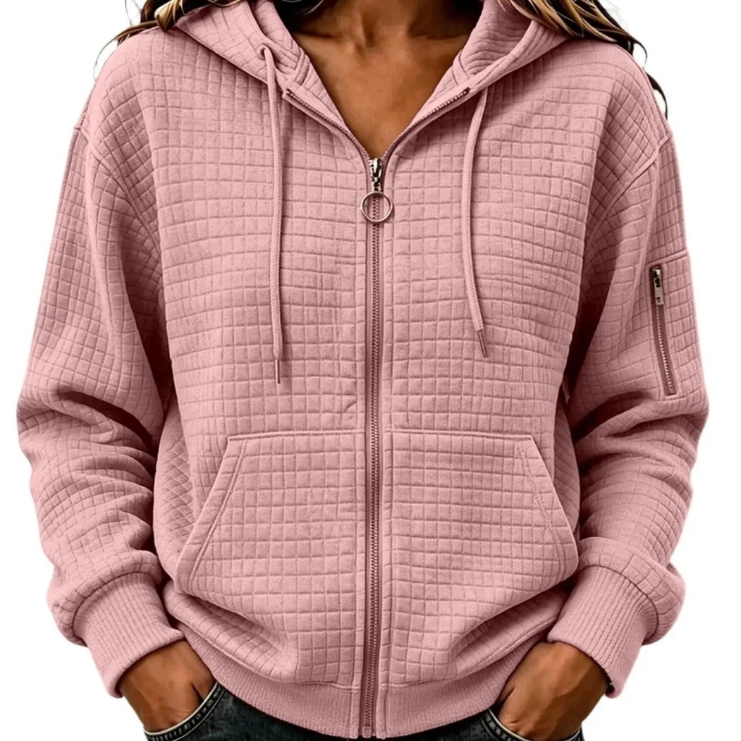 Women's Solid-Color Zip-Up Long-Sleeve Hooded Jacket With Pockets