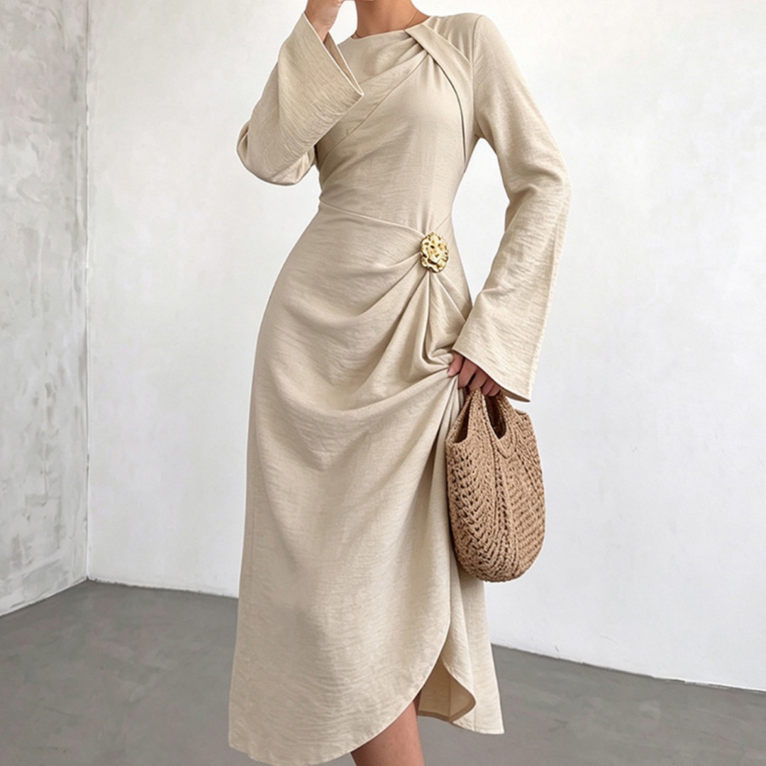 Women's Solid-Color Metallic Floral Waist-Cinching Pleated Dress