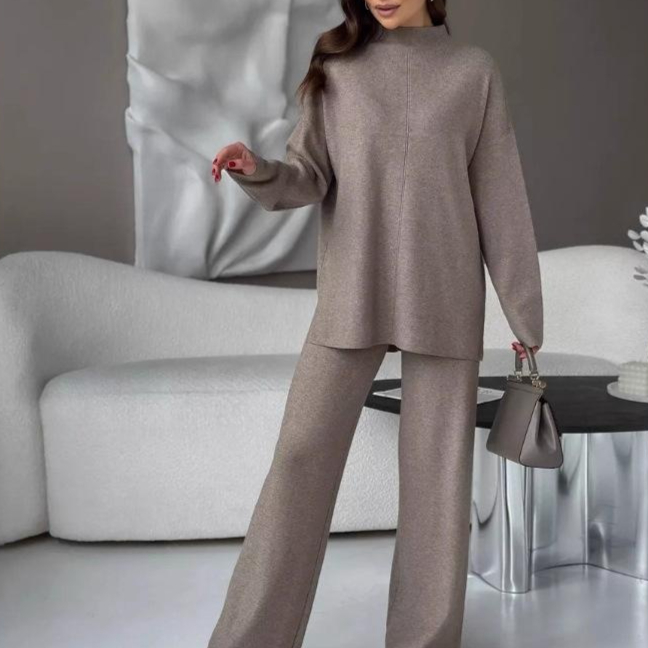 Knitted Slit Sweater And Casual Loose-fitting Wide-leg Pants For Women