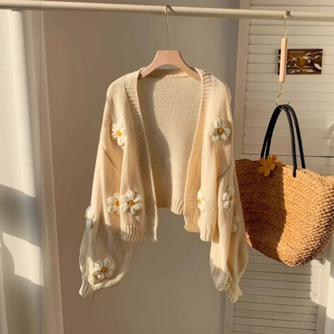 Korean-style 3D Embroidered Floral Sweater Jacket For Women
