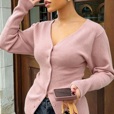 Knitted Sweater Slim-Fit And Figure-Hugging Long-Sleeve V-Neck Knit Top