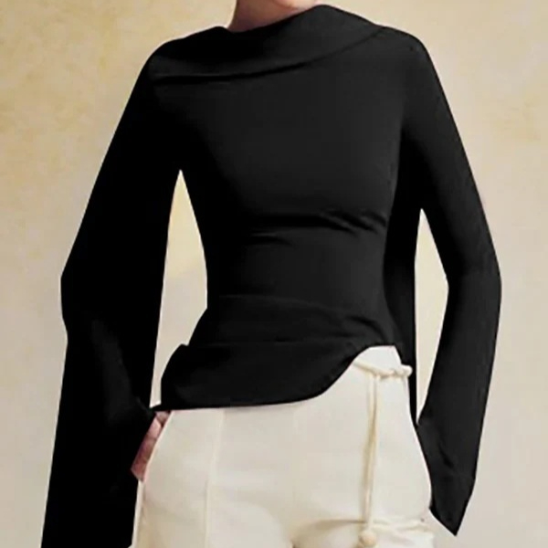 Women's Asymmetrical Long-sleeve Knit Top With A Slanted Neckline And Fluttering Ribbons